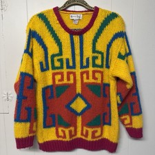 Vtg 90  s Crazy Patterned Abstract Hand Knit Sweater Colorful Korea Made Women M