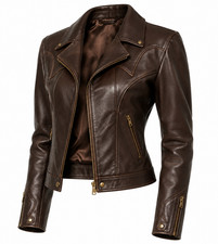 Women's Genuine Leather Biker Jacket Brown Motorcycle Vintage Moto Coat