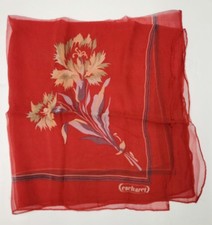 VTG 1960's Cacharel Sheer Chiffon Hand Rolled Red Flower Bouquet Logo Scarf