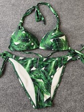 Women's Green Tropical Leaf Bikini Set Size M Triangle Top Tie Side Bottoms