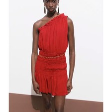 Mango MNG Red One Shoulder Smocked Mini Dress with Chain Belt NWT Size XS 2