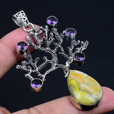 Bumble Bee Jasper, Amethyst Gemstone 925 Sterling Silver Pendant 2.84'' g626
