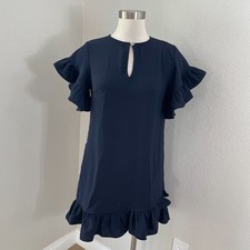 NEW Frnch Paris Womens Small Navy Ruffle Accent Shift Dress Pockets Keyhole Neck
