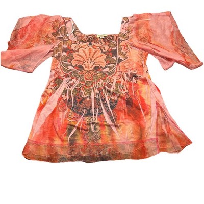 One World Top Sz M Orange Boho Whimsy Fairy Medallion Paisley Sheer Art To Wear