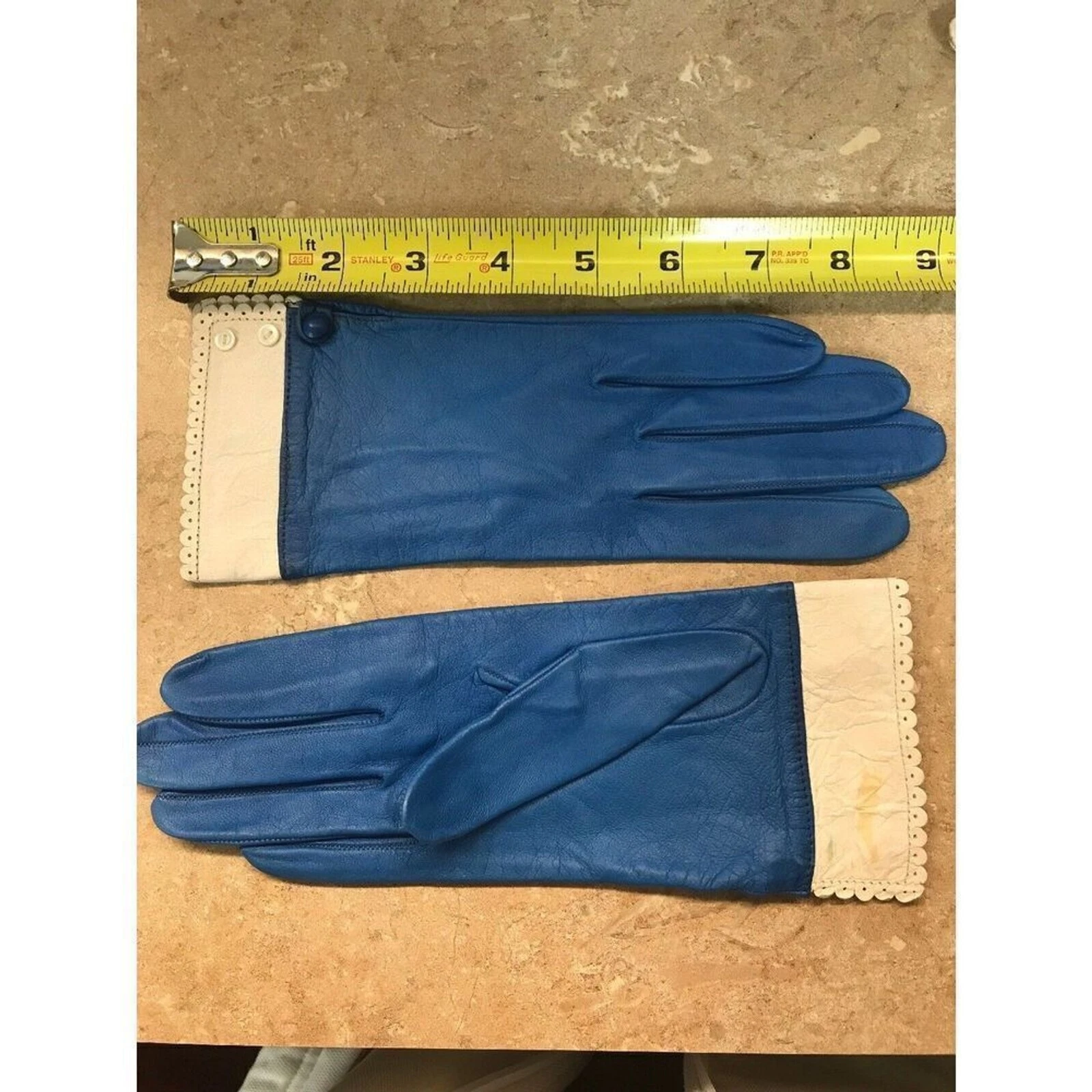 Women Leather Gloves Vintage 9” X3.5” Blue White Button Wrists SZ 6.5