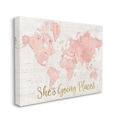 ''She'S Going Places Quote Pink World Map'' by Sue Schlabach Unframed Travel Canva