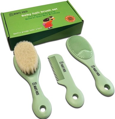  3 Piece Baby Hair Brush & Comb Set for Newborns- Soft Goat Bristle Hair-Brush