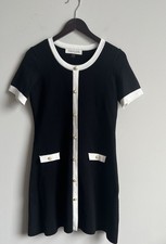 Black White Dress Pearl Buttons Classic Mod Jackie O Short Sleeve Size L