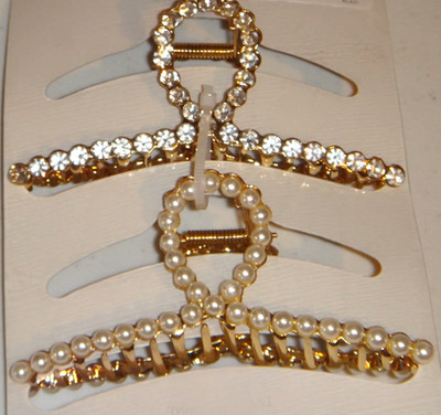 Natasha Lead Compliant 2-PC SET Hair Claw Clips Faux Pearl Studs Gold Crystals