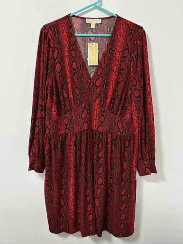 Abito Michael Kors stampa pelle di serpente scollo a catena nuovo con etichetta taglia large ritagliato manica lunga