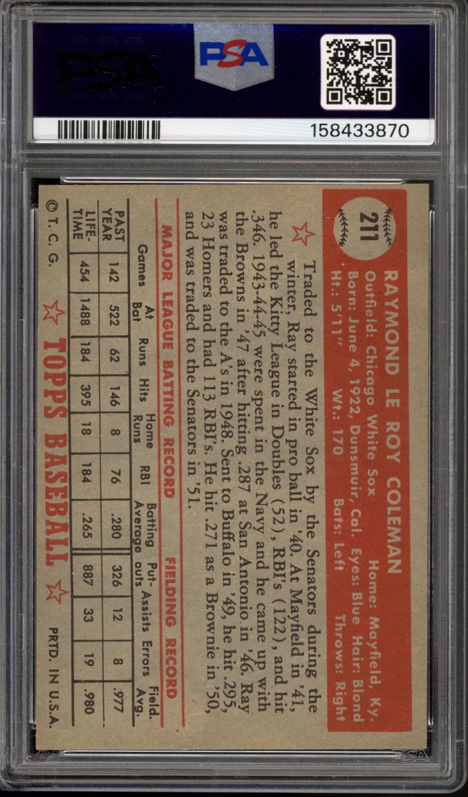 1952 Topps #211 Ray Coleman PSA 6 Vintage Baseball Card (3870) view 2