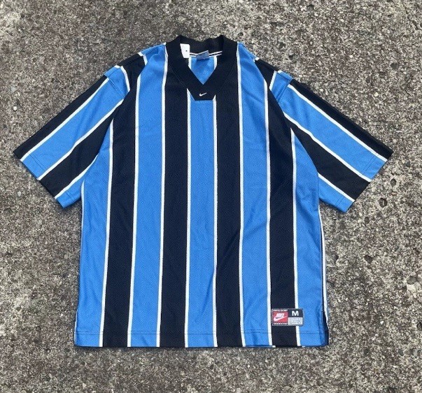 VINTAGE Nike Soccer Jersey Size Medium Blue Black Striped Center Swoosh 90s Team