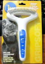New JW Pet Company Sealed Double Row Deluxe Undercoat Rake for Dogs Blue/White