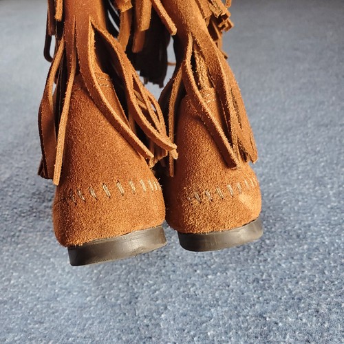 Minnetonka Fransen Mokassin Stiefel braun Leder Wildleder zum Überziehen Größe 7 flach - Bild 10 von 14