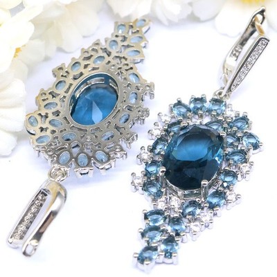 57x21mm Gorgeous Long Big London Blue Topaz CZ Wedding Women Silver Earrings