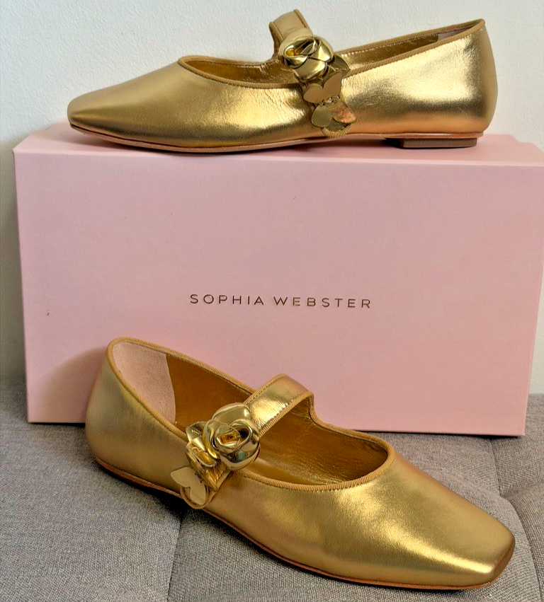 Sophia Webster Gold Leather Flats Mary Jane Titania Ballerinas NWB UK5 RRP £350