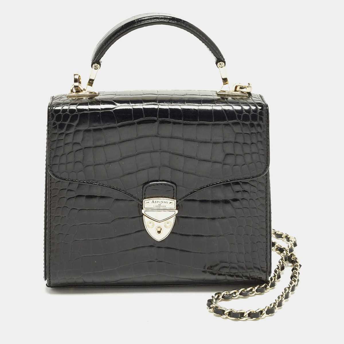 Aspinal of London Mayfair Small Black Croc Embossed Patent Leather