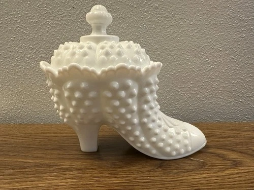 Vintage Fenton Lidded Milk Glass Hobnail Boot Trinket Box Candy Dish