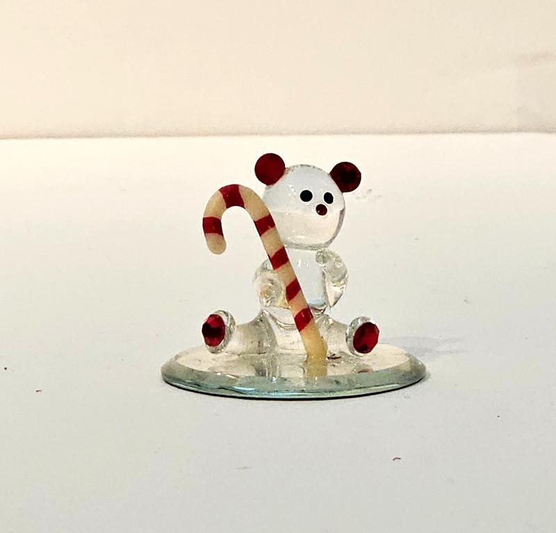 Vintage Glass Baron Miniature Teddy Bear Candy Cane Christmas Figure Mirror Base