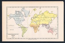 1890 - Tiergeographische Karte Amerika Australien Asien Lithographie lithography
