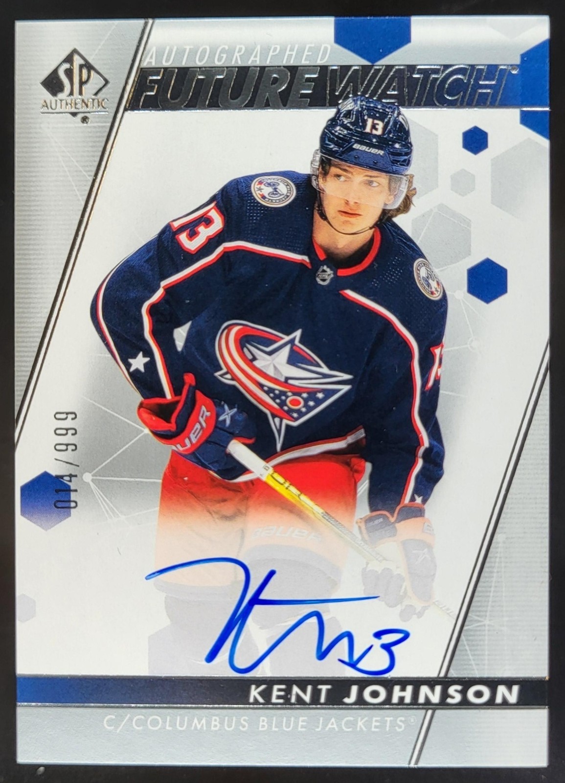2022-23 SP Authentic Kent Johnson /999 Auto RC Future Watch Blue Jackets SO