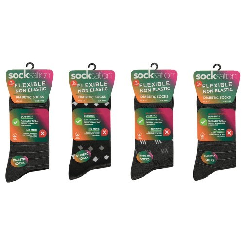 12 Pairs Men's Diabetic Flexible Non-Binding Socks Diamante Stripe UK 6-11