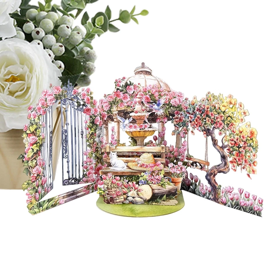 Tarjeta de felicitación emergente 3D té de la tarde gato jardín rosa regalo de cumpleaños de Navidad Foto 4 de 4