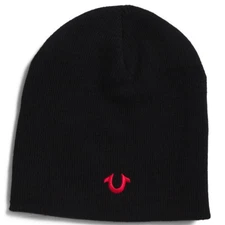 TRUE RELIGION Stretch SOFT Beanie Unisex Black RED LOGO Hat One Size NEW NWT $49