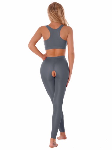 Mujeres See Through Yoga Entrenamiento Corredor Espalda Recortada Prenda para el torso con Pantalones Sin Entrepierna Conjuntos - Imagen 10 de 40