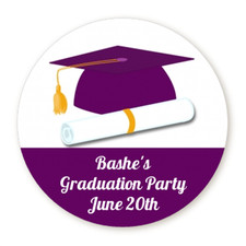 Purple Graduation Cap Diploma - Personalized Graduation Round Sticker Labels