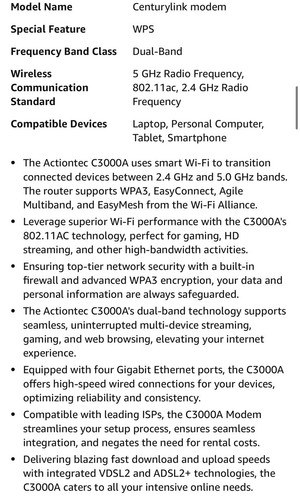 Actiontec CenturyLink C3000A DSL WiFi Modem Router with Cables - Picture 3 of 21