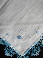 Vintage Blue Embroidery Flowers Hankie Emb Floral Handkerchief Hanky 1350