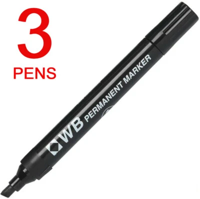 WB PREMIUM 3 BLACK PERMANENT MARKER PEN Chisel Tip BROAD WIDE NIB WB Brand Waterproof