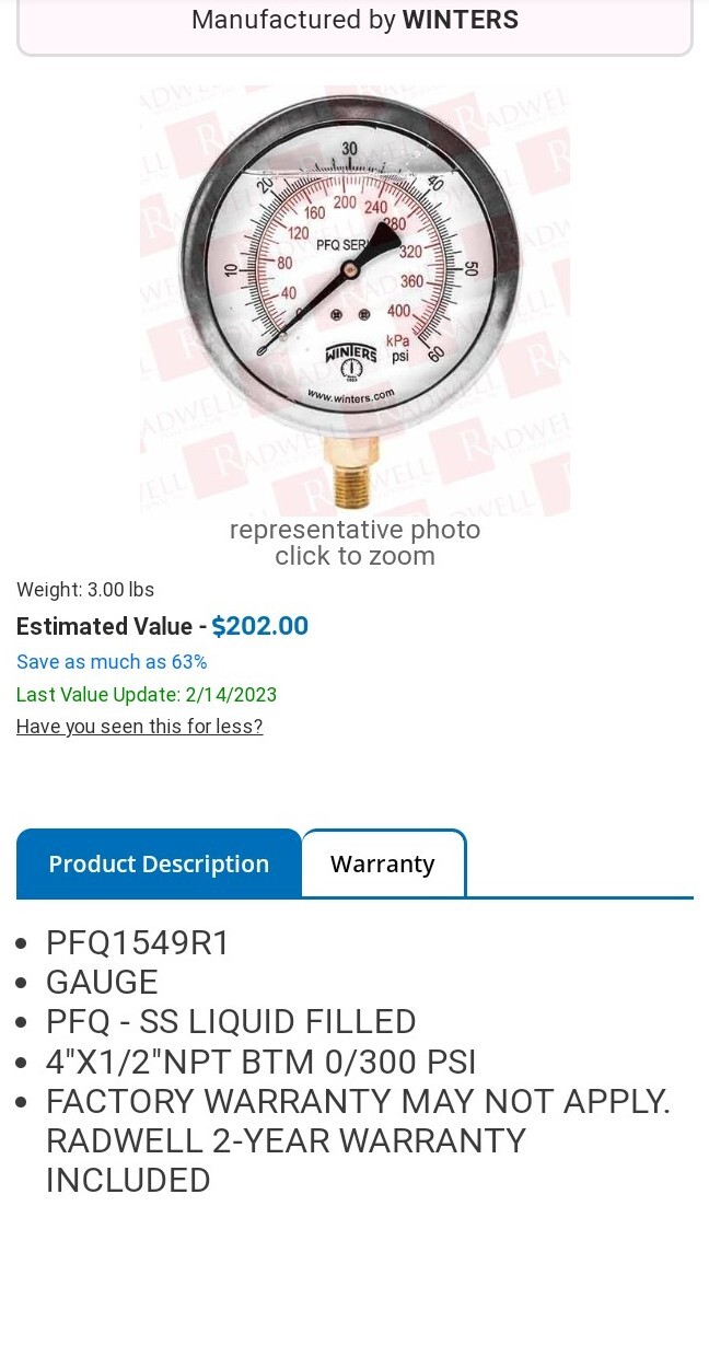 Winters Instruments 4" 0-300 psi / kPa Gauge  PFQ1549  1/2"NPT STAINLESS STEEL 
