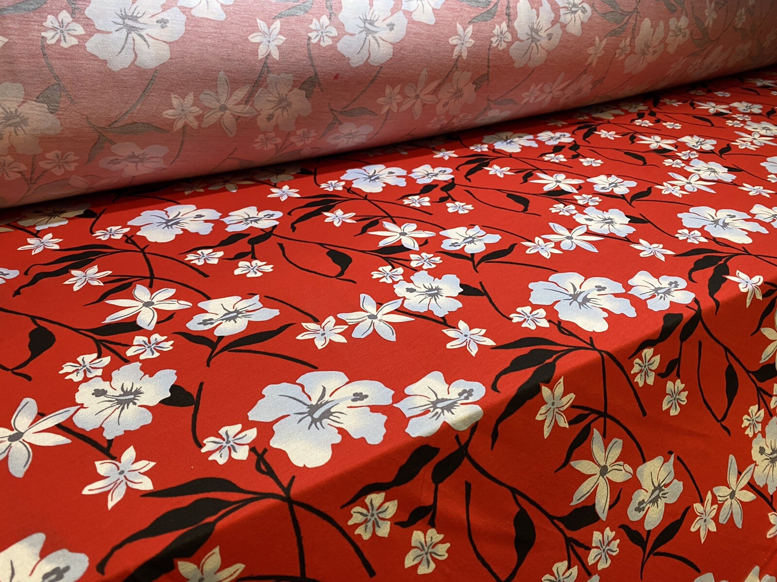 Viscose Elastane Jersey Fabric, Red With White Flowers Print, Per Metre