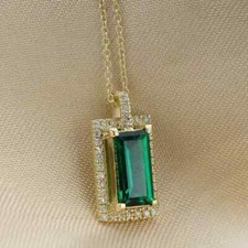 2 CT Halo Green Emerald And Diamond Pendant Necklace 14k Yellow Gold Finish