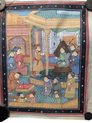 Indo - Persian painting on Silk of Mughal Holds Court w/Red Game 8.75x10.5in VTG
