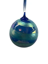 Hand Blown Art Glass Gazing Ball Blue Iridescent 3.5" Ornament Sun Catcher