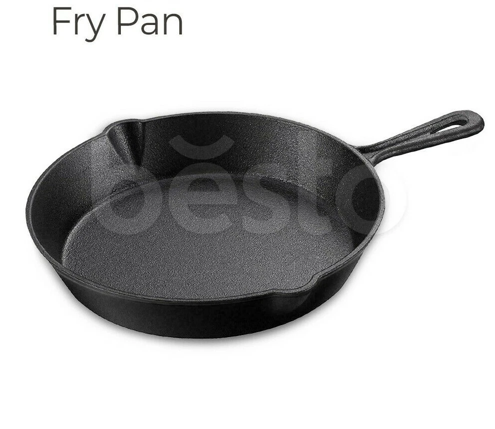 25cm Large Frying Pan Pre Seasoned Cast Iron Skillet Grill BBQ Griddle Fry Pan