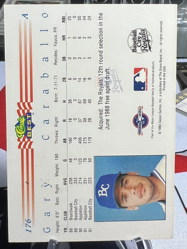 Gary Carabello Signed Auto 1992 Classic Best Card #176 Baseball City Royals MLB - Image 2 of 2