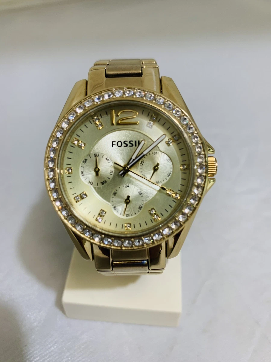Fossil Women s Riley Gold Tone Stainless Steel Watch ES3203 New