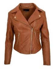 Womens Leather Biker Jacket Cross Zip Slim Fit Casual Style Anna Tan