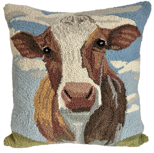 Peking Handicraft 17x17 wool hook throw pillow Hereford Cow poly fill