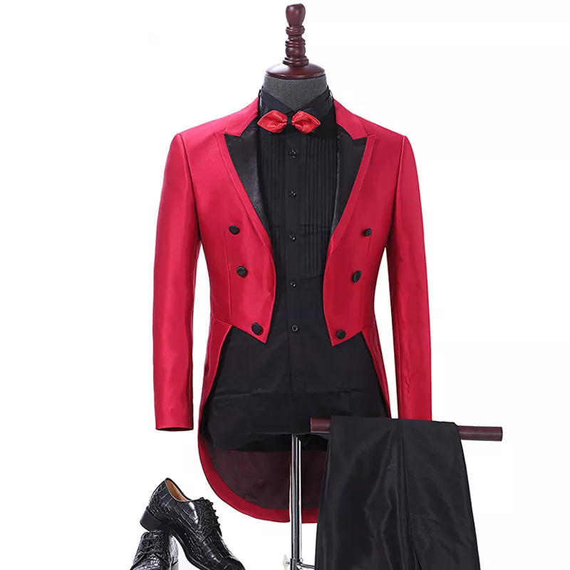 Mens Red Tailcoat Blazer 3 Piece Tuxedo Groom Formal Wedding Prom