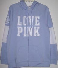 NWT VICTORIA'S SECRET PINK SKY MORNING BLUE WHITE LOGO ZIP UP HOODIE SWEATSHIRT
