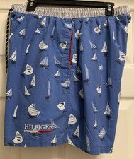 Tommy Hilfiger Swim Trunks Board Shorts Blue Sailboats Draw String Large