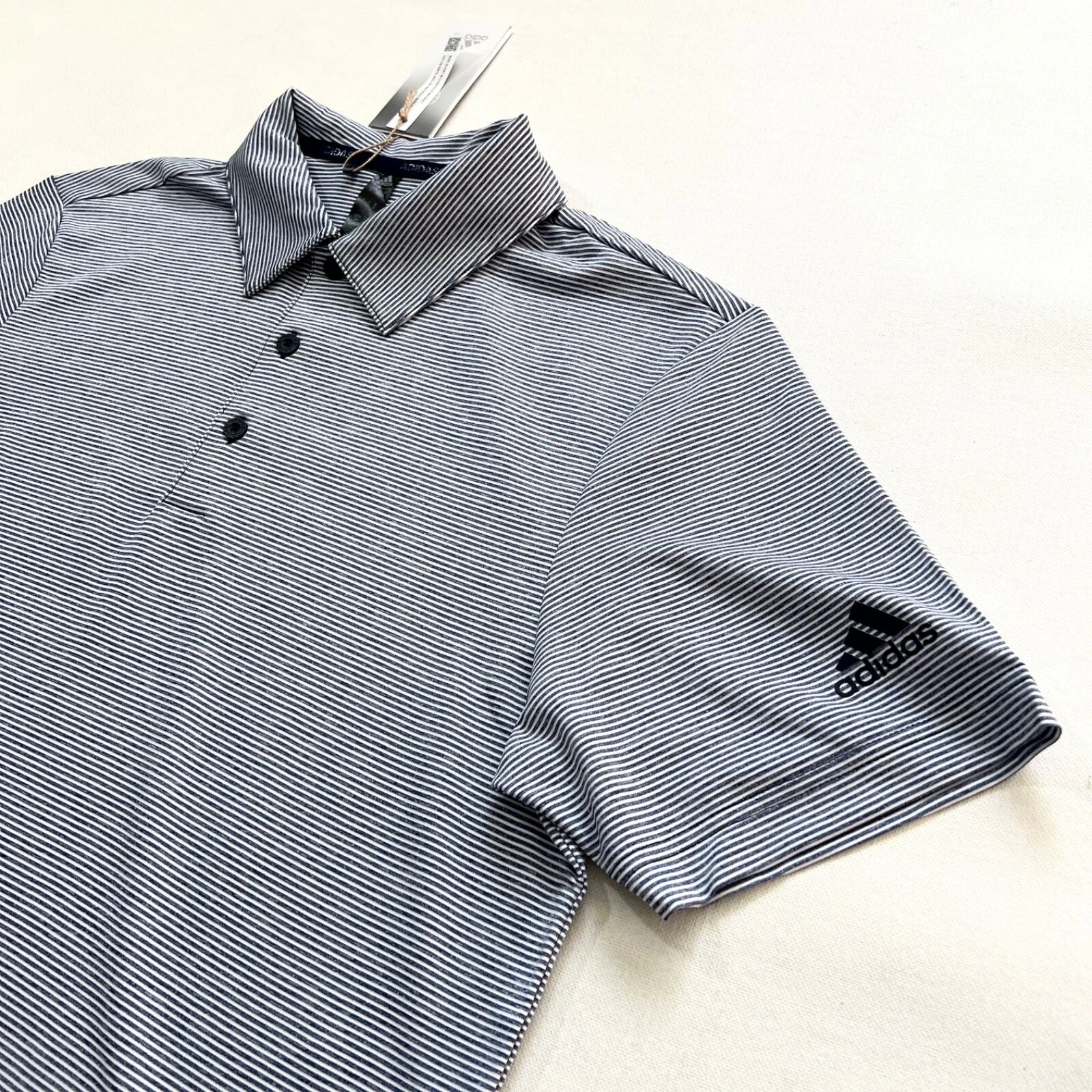 $70 NWT Men's ADIDAS Golf Ottoman Pencil Stripe Navy-White Polo Shirt Small