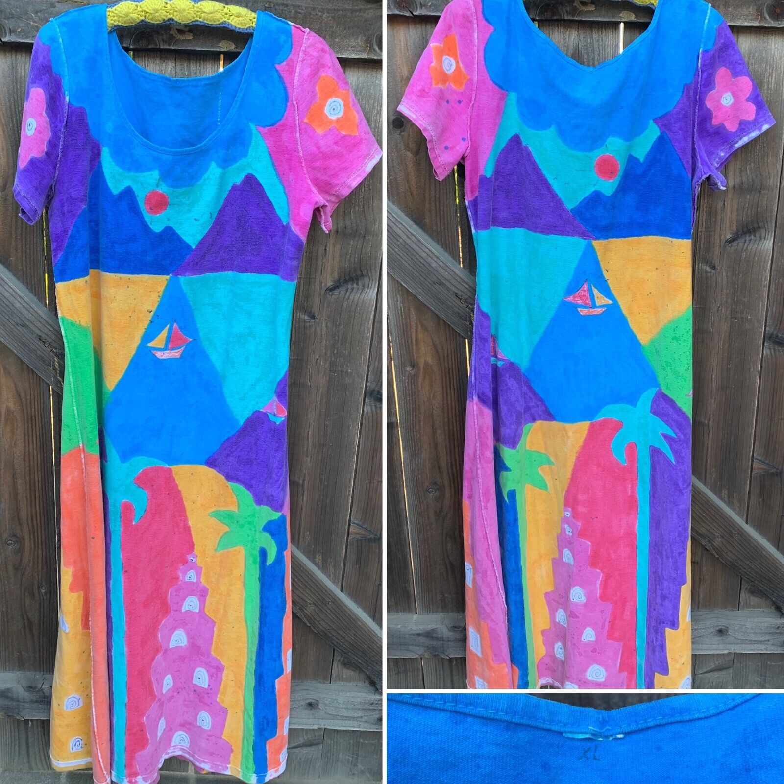 Vintage colorful geometric ocean sailboat palm tree maxi dress 80s 90s style XL Standardowa dostawa natychmiastowa