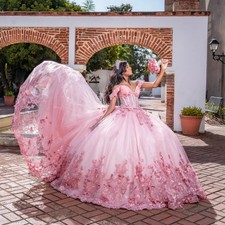 Shiny Pink Ball Gown Quinceanera Dress Lace Applique Beading with Cape Sweet 16