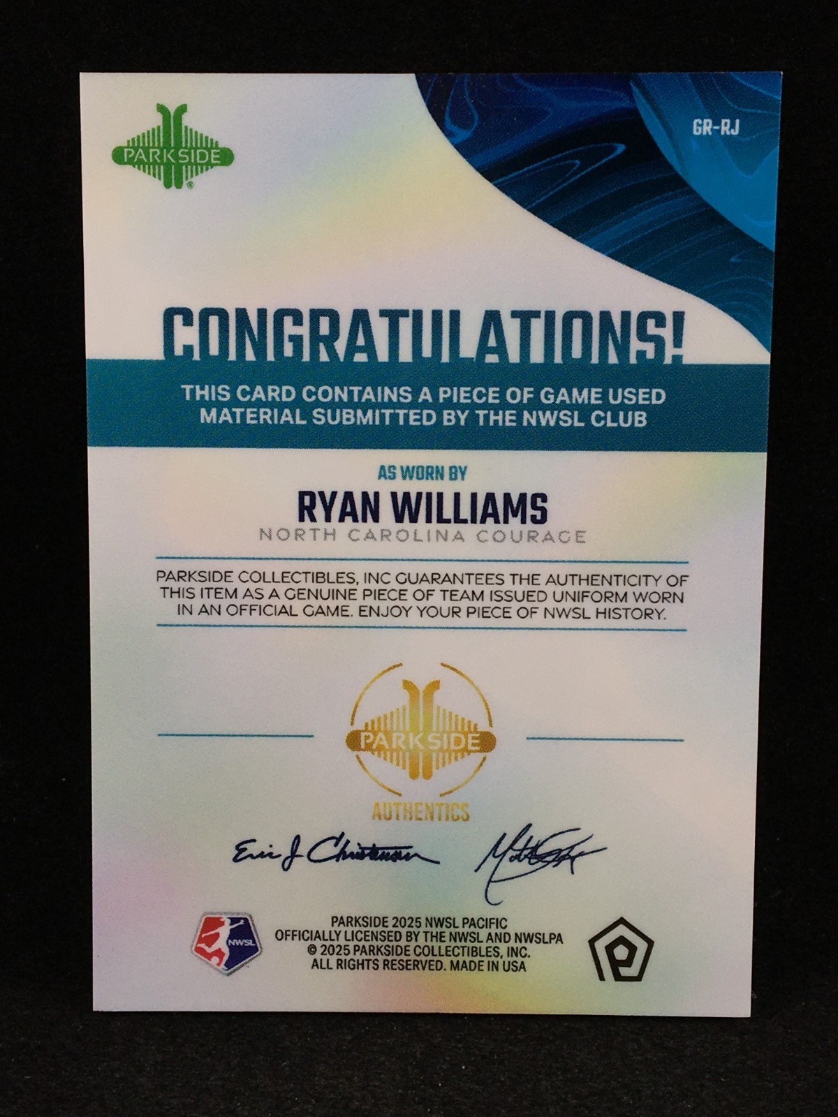 Ryan Williams 2025 Parkside NWSL Pacific GAME USED MATCH WORN Jersey Relic C view 2